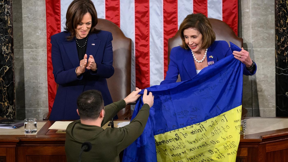 The Ukrainian flag autographed supposedly by the front-line troops in Bakhmut Photo AFP