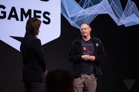 Epic Games CEO Tim Sweeney at the presentation during the Game Developers Conference 2023