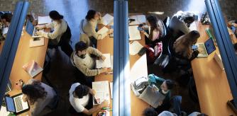 Atmosphere of university students in the library of the historic building of the UB in Plaza Universidad